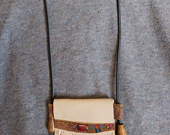 Handmade Leather Amulet Pouch Necklace with Printed Suede Trim