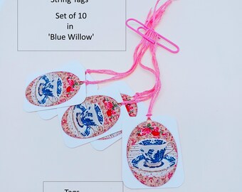 Set of 10 Tea Cup Theme String Tags with Blue Willow Pattern
