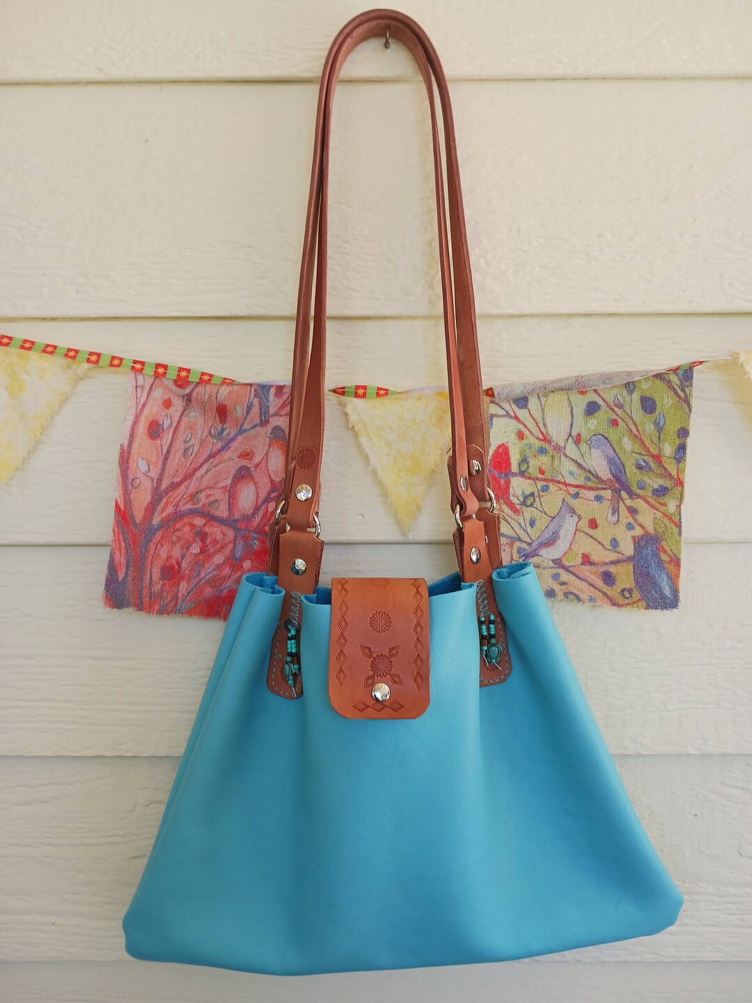 Tie Me Small Calf Leather Tote - Sky Blue