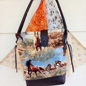 Feedbag Style Small Tote Handbag Leather and Pony Print