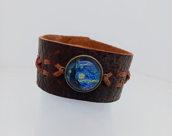 Handmade Starry Night Cabochon Leather Cuff Bracelet