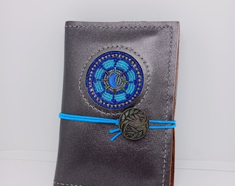 Handstitched Leather Passport Size Wallet Portfolio Journal Notebook with 3x5 Spiral Lined Paper Tablet Blue Moon Beaded Rosette