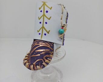 Handmade Small Ornament High Top Soft White and Purple Gold Leather Moccasin Boot with Stone Bead