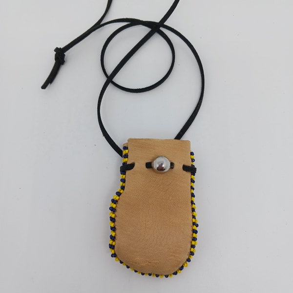 Handmade Deerskin Leather Medicine Pouch Amulet Necklace with Beaded Edging