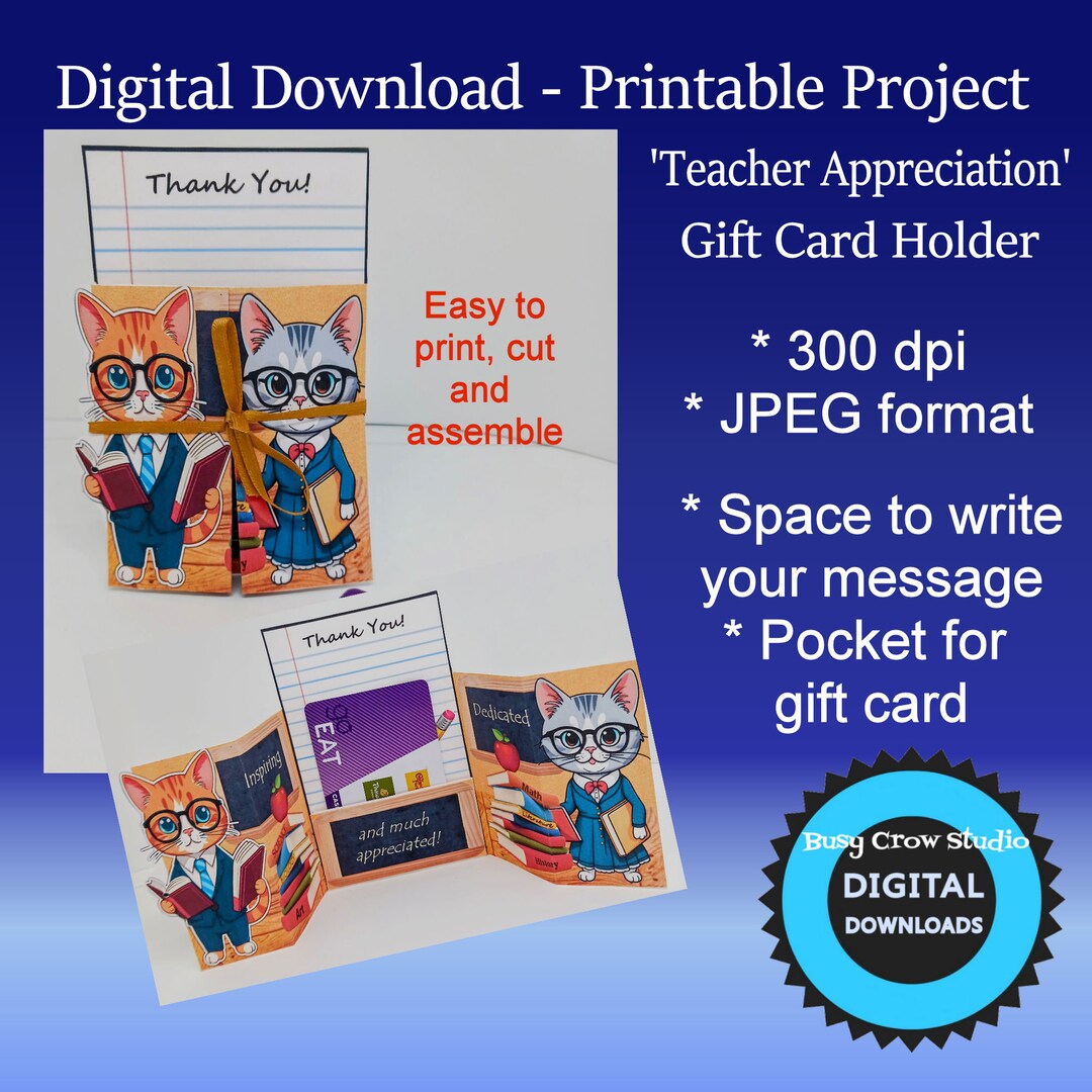 Digital Download Printable Teacher Appreciation Gift Card Pocket Folder ...