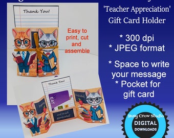 Digital Download Printable Teacher Appreciation Gift Card Pocket Folder