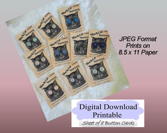 Digital Download Printable Button Cards Black Cat Buttons