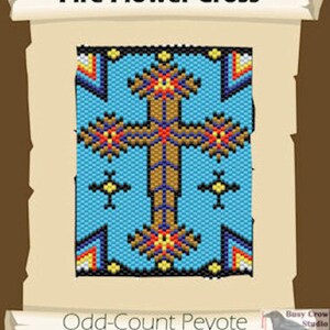 May include: A beading chart for a peyote stitch project featuring a cross with a fire flower design. The chart is titled "Fire Flower Cross" and "Odd-Count Peyote Beading Chart".