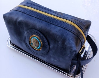 Black Oil Tanned Leather Dopp Style Zipper Bag with Beaded Chief Medallion