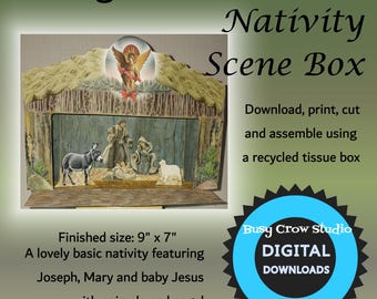 May include: A digital download for a nativity scene box, featuring a brown wooden box with a cutout of a nativity scene. The scene includes Joseph, Mary, baby Jesus, a donkey, a sheep, and an angel. The finished size is 9 inches by 7 inches. The text "Download, print, cut and assemble using a recycled tissue box" is included in the image. The text "Busy Crow Studio DIGITAL DOWNLOADS" is also included in the image.
