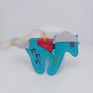 Handmade Sky Blue Leather Southwest Folk Pony Horse Ornament with White Mane and Tail