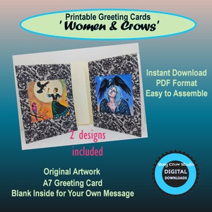 Druckbare Digital Download A7 Grußkarte Frauen und Krähen Original Art Blank Inside