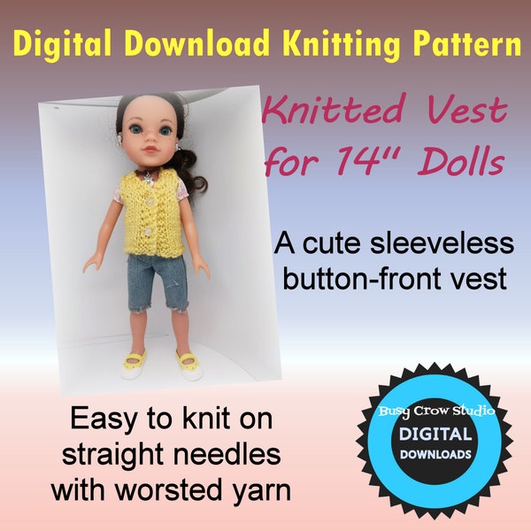 Digital Download Knitting Pattern for Knitted Vest for 14 Inch Dolls H4H and GG