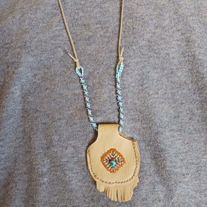 Handmade Deerskin Leather Amulet Pouch Necklace with Beaded Front and Cord Southwestern