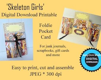 Digital Download Printable Skeleton Girls Foldie Pocket for Junk Journal Scrapbook Gift Cards Ephemera