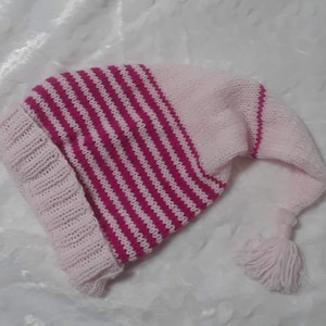 Handknit Slouchy Fit Toboggan Ski Pixie Beanie Stocking Cap Pink Stripes