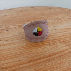 Handmade Leather Cuff Bracelet with Painted Medicine Wheel and Magnetic Clasp