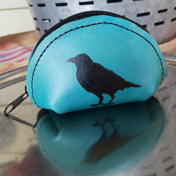 Handmade Leather Zip Pouch for Coins Rosary Earbuds Coins Lip Balm Crow Bird Raven Version