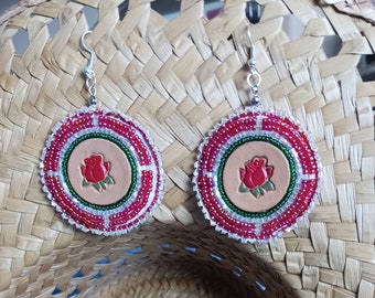 Red Rose Leather and Beadwork Rosette Dangle Earrings Handmade