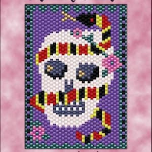 May include: A peyote beading chart for a skull and snake design. The skull is white with black and red details. The snake is black, yellow, and red. The background is purple with green and pink accents.