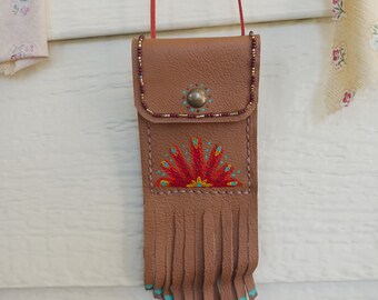 Handmade Painted Leather Card and ID Pouch Necklace