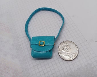 Handmade Tiny Miniature Sky Blue Leather Handbag Purse 1:12 Scale Dollhouse Accessory
