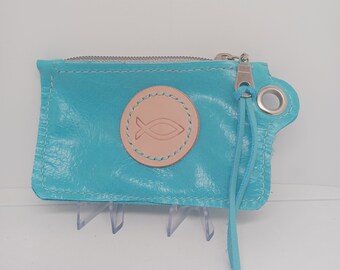 Soft Blue Leather Handy Pouch with Christian Fish Symbol