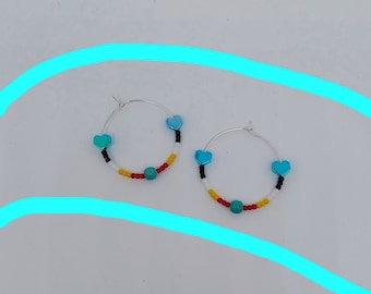 Beaded Wire Hoop Pierced Earrings Medicine Wheel Colors and Hearts