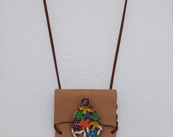 Leather Amulet Pouch Necklace with Flower Charm