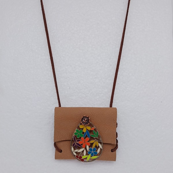 Leather Amulet Pouch Necklace with Flower Charm