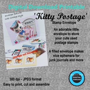 Envelope postal Kitty imprimível para download digital para coisas efêmeras do Junk Journal