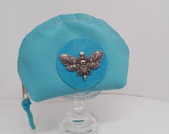 Sky Blue Soft Leather Zipper Pouch Pod with Moth Charm