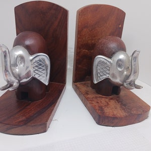 Wood and Metal Elephant Theme Bookends