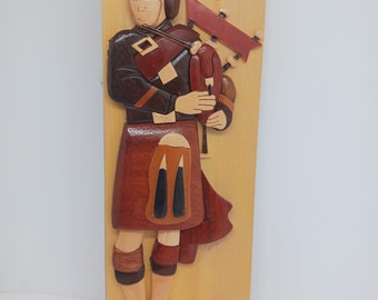 Scotland Bagpiper Wood Inlay Carving Plaque