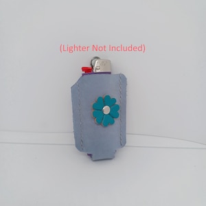 Handmade Leather Lighter Case Sleeve Soft Blue with Blue Flower