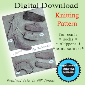 May include: A digital download knitting pattern for socks, slippers, and joint warmers. The pattern includes four styles of knitted items. The image shows a close-up of the knitting patterns and a blue starburst with the text "Busy Crow Studio DIGITAL DOWNLOADS".