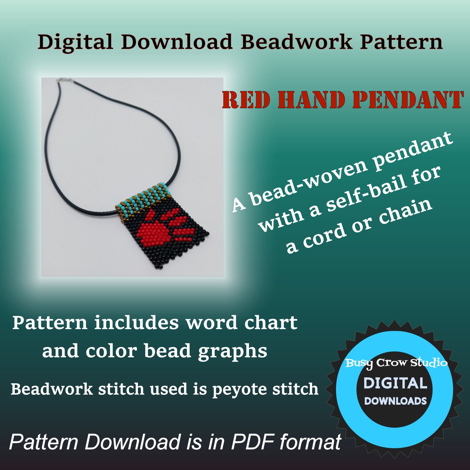 Digital Download Beadwork Pattern Red Hand Pendant With Self Bail - Etsy