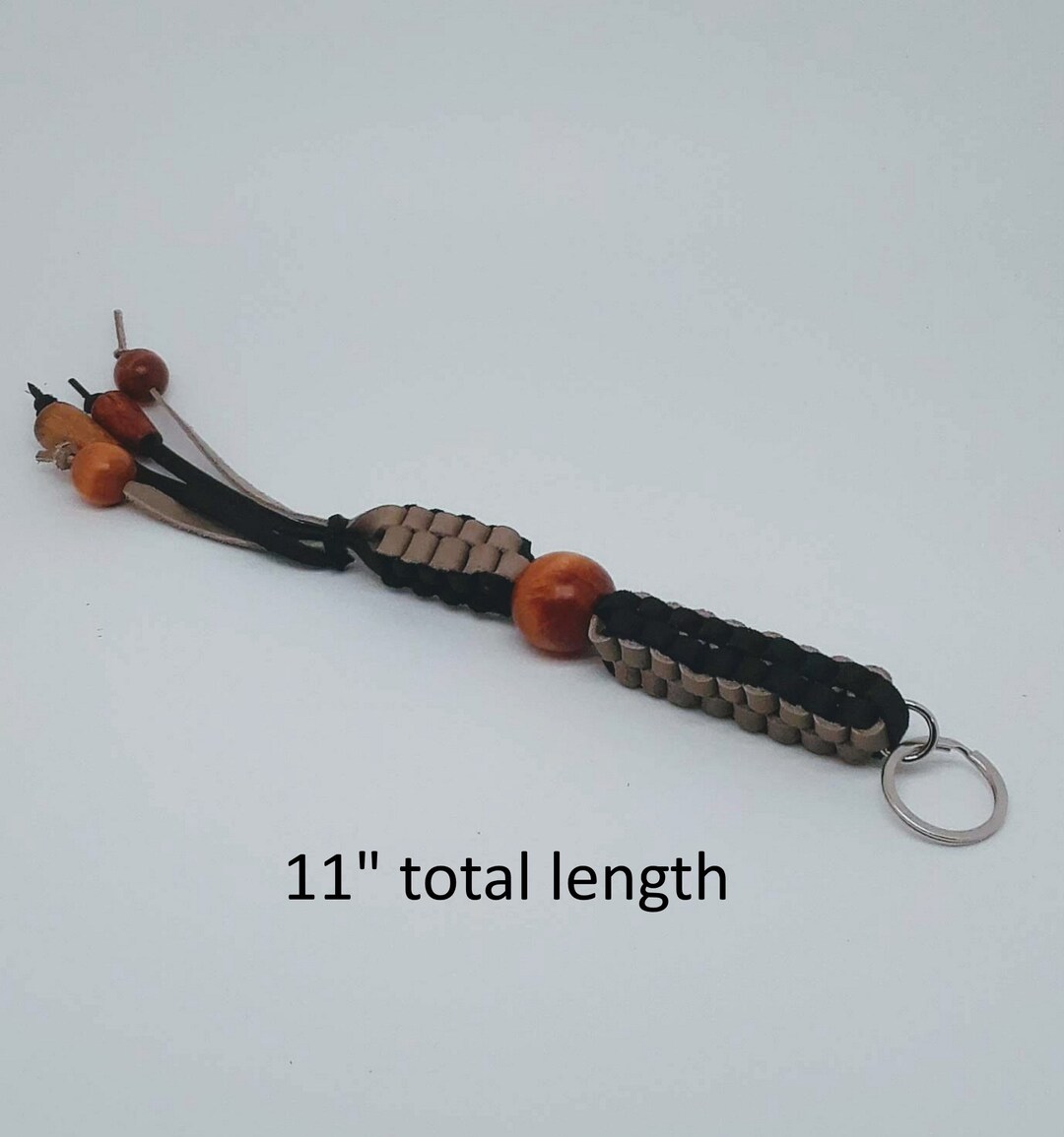 Braided Leather Keychain With Black and Khaki Gray With Wooden Beads ...