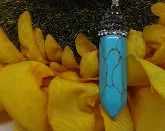 Enhanced turquoise drop point pendant with marcasite and crystal accent on serpentine chain