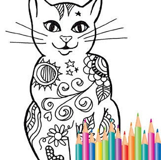 Color Page Zen Style Floral Cat - Etsy