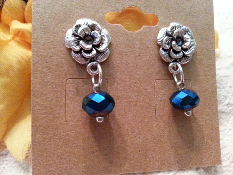 Sterling Silver 925 POST Flower Earrings With Crystal Drop - Etsy