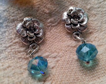 Sterling silver 925 POST flower earrings with crystal drop (blue glass)