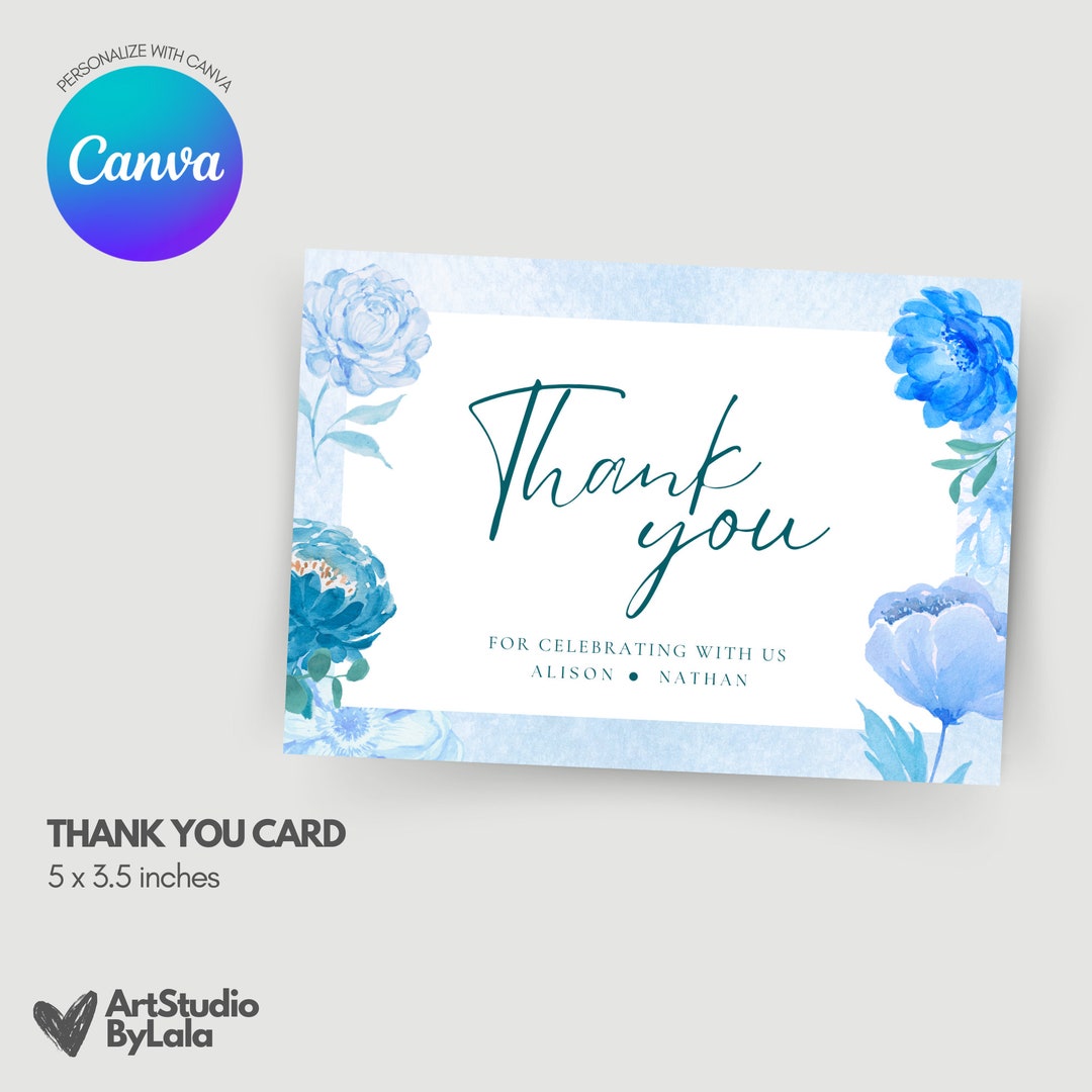 Blue Floral Wedding Thank You Card Watercolor Flowers Clean and ...