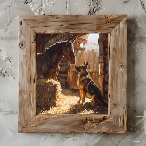 Horse & Dog Printable, Framed Wall Art, German Shepherd, Farmhouse Wall Decor, Oil Painting, Original Art, Rustic Home Decor, Moody Wall Art