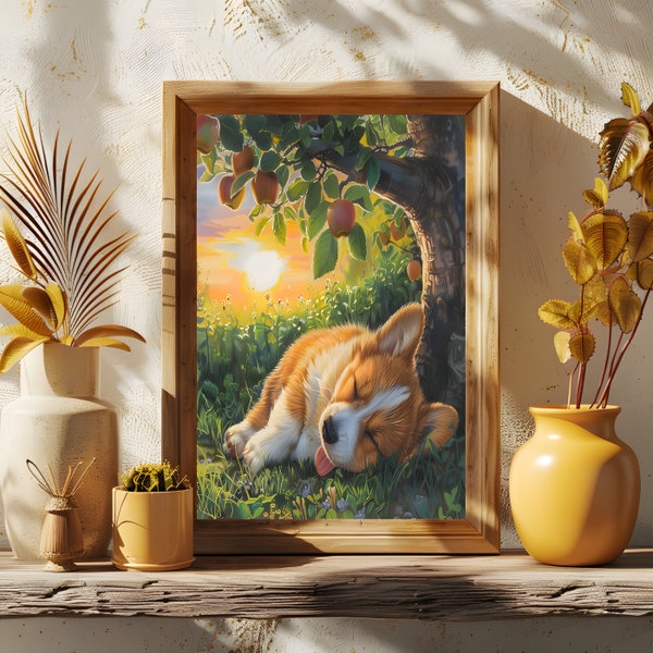 Sleeping Corgi Printable, Framed Wall Art, Oil Painting, Downloadable Art, Rustic Home Decor, Aesthetic Room Decor, Vintage Wall Art,