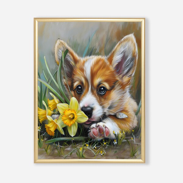 Corgi Printable #6, Framed Wall Art, Oil Painting, Downloadable Art, Rustic Home Decor, Aesthetic Room Decor, Vintage Wall Art