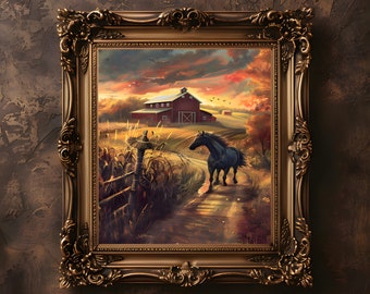 Horse Printable, Framed Wall Art, Farmhouse Wall Decor, Oil Painting, Downloadable Art, Original Art, Rustic Home Decor, Vintage Painting