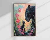 Black Cat Meets Black Panther #1 Printable, Framed Wall Art, Black Panther, Dark Academia, Whimsical Art, Oil Painting, Original Art, Cat