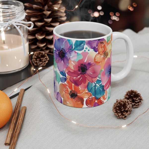 Floral Watercolor Pattern Mug; Cute & Fun Mug; One-of-a-Kind Coffee Cup; Custom, Beautiful Mug Gift; Thoughtful Gift Idea; Unique Drink Ware