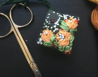 Handmade Silk Embroidered Scissors Fob with Cord